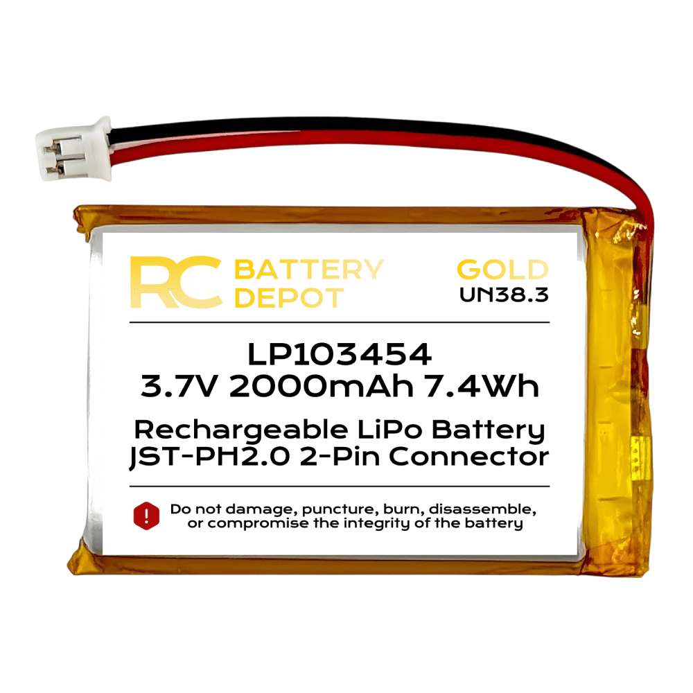 3.7V 2000mAh 103454 LiPo with JST - PH2.0 2 - Pin Connector - RC Battery Depot - Multi - purpose Battery