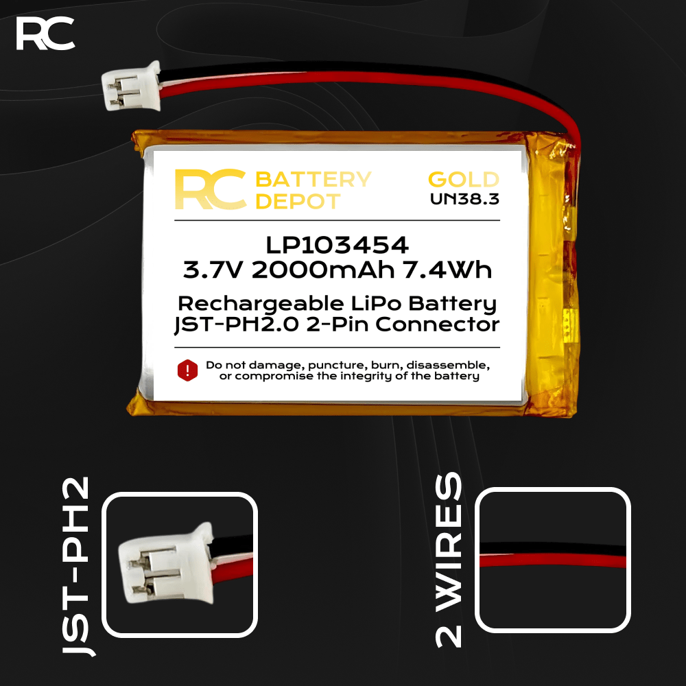 3.7V 2000mAh 103454 LiPo with JST - PH2.0 2 - Pin Connector - RC Battery Depot - Multi - purpose Battery