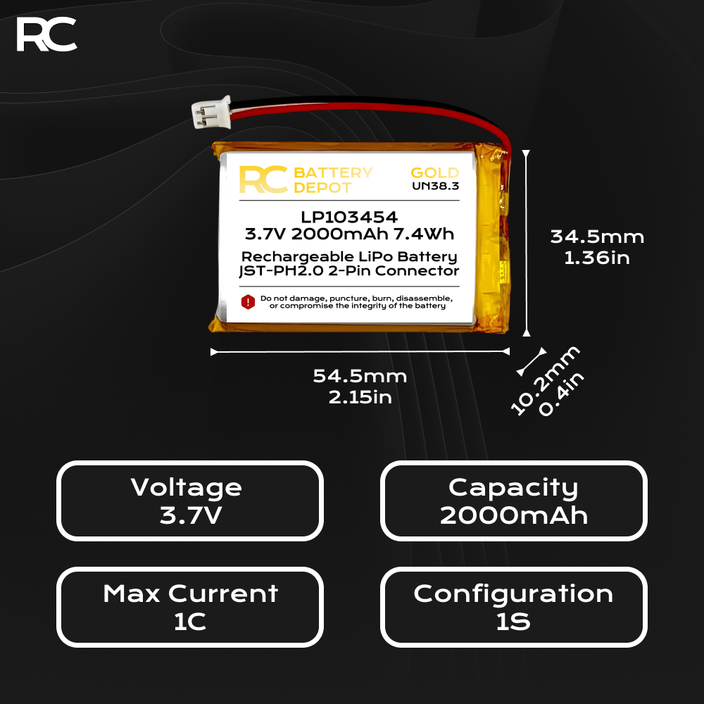 3.7V 2000mAh 103454 LiPo with JST - PH2.0 2 - Pin Connector - RC Battery Depot - Multi - purpose Battery