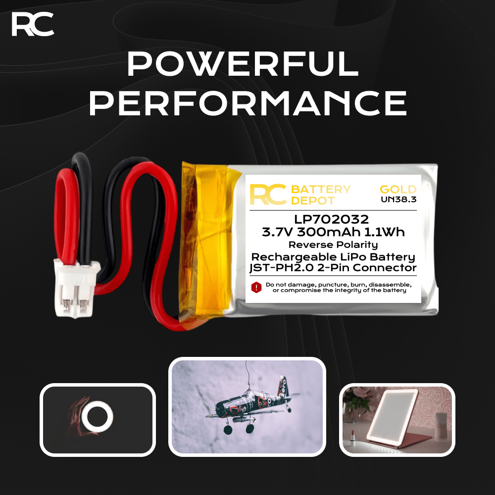 3.7V 300mAh 702032 LiPo with JST - PH2.0 2 - Pin Connector - RC Battery Depot - Multi - purpose Battery