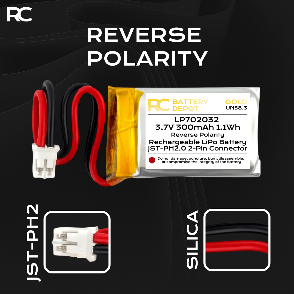 3.7V 300mAh 702032 LiPo with JST - PH2.0 2 - Pin Connector - RC Battery Depot - Multi - purpose Battery