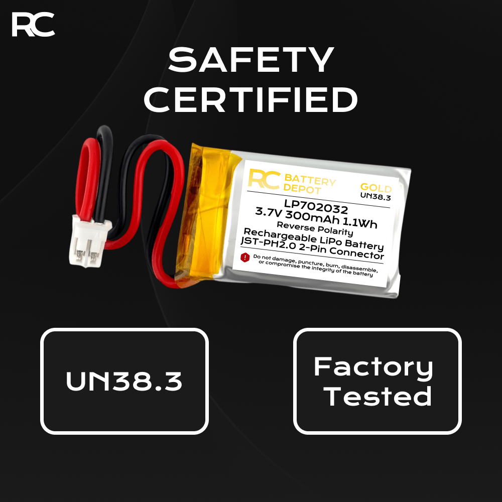 3.7V 300mAh 702032 LiPo with JST - PH2.0 2 - Pin Connector - RC Battery Depot - Multi - purpose Battery