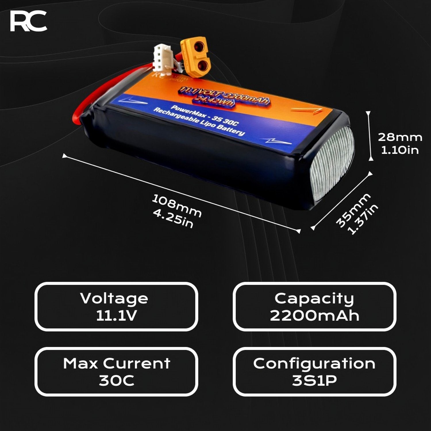 11.1V 2200mAh 3S 30C XT60 Plug RC LiPo Battery - RC Battery Depot - RC Battery