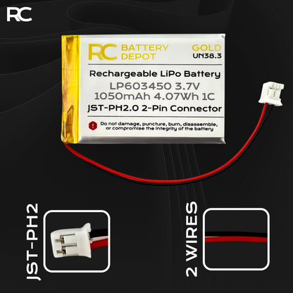 3.7V 1050mAh 603450 LiPo with JST - PH2.0 2 - Pin Connector - RC Battery Depot - Multi - purpose Battery