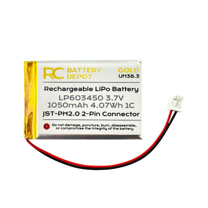 3.7V 1050mAh 603450 LiPo with JST - PH2.0 2 - Pin Connector - RC Battery Depot - Multi - purpose Battery