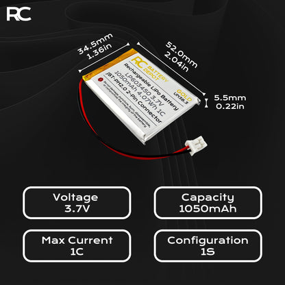 3.7V 1050mAh 603450 LiPo with JST - PH2.0 2 - Pin Connector - RC Battery Depot - Multi - purpose Battery