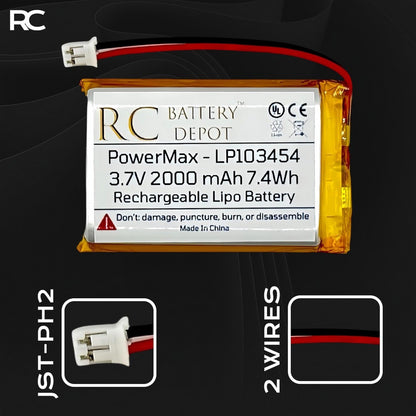 3.7V 2000mAh 103454 LiPo with JST - PH2.0 2 - Pin Connector - RC Battery Depot - Multi - purpose Battery