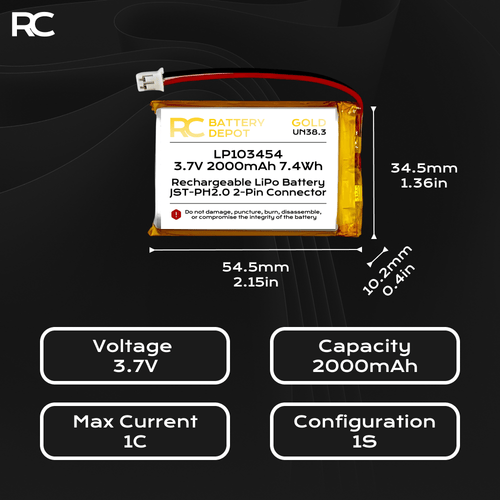 3.7V 2000mAh 103454 LiPo with JST - PH2.0 2 - Pin Connector - RC Battery Depot - Multi - purpose Battery