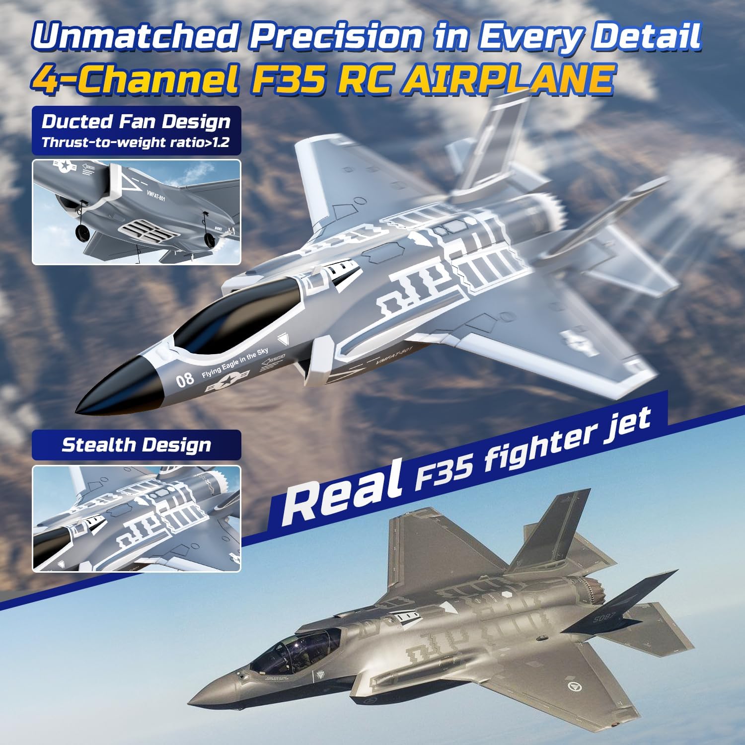 DEERC F35 4 Channel Brushless RC Plane for Adults Remote Control Airplane Ducted Fans Fighter Jet,2.4GHz 6 - axis Gyro Stabilizer RTF Hobby Glider Aircraft Plane Easy to Fly for Advance Player - RC Battery Depot - RC Plane