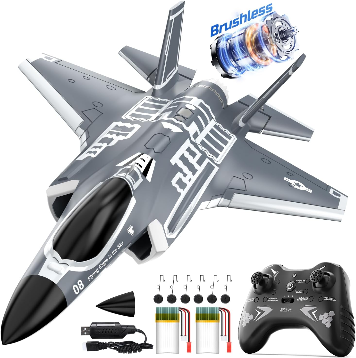 DEERC F35 4 Channel Brushless RC Plane for Adults Remote Control Airplane Ducted Fans Fighter Jet,2.4GHz 6 - axis Gyro Stabilizer RTF Hobby Glider Aircraft Plane Easy to Fly for Advance Player - RC Battery Depot - RC Plane