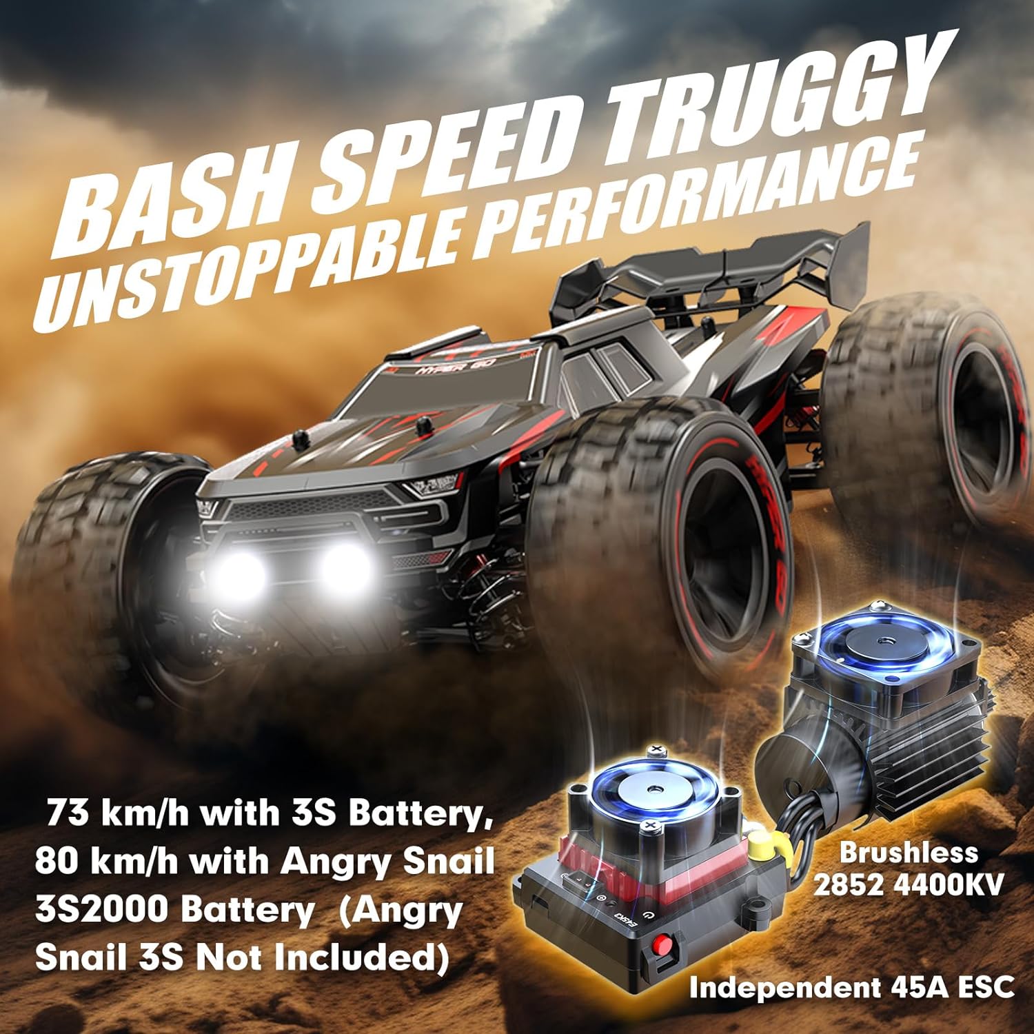 HYPER GO H14BM 1/14 Brushless RC Cars for Adults Fast 50 mph, RC Trucks 4X4 Offroad Waterproof, Electric Powered High Speed RC Car, Scary Fast Extreme RC Truggy with 3S Battery for Snow Sand - RC Battery Depot - RC Truck